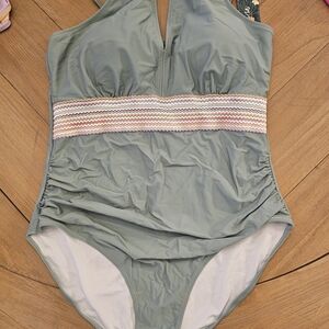 Green One-Piece Swimsuit with Pink and White Band